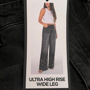 BCBGeneration Charcoal Floral Embellished High Rise Wide Leg Jeans